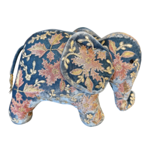 Blue silk velvet elephant adorned with floral embroidery and gold accents.