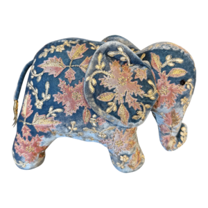 Blue silk velvet elephant adorned with floral embroidery and gold accents.