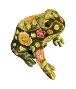 A green silk velvet frog adorned with colorful floral embroidery.