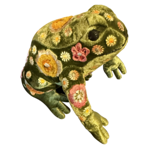A green silk velvet frog adorned with colorful floral embroidery.