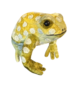 A plush frog with a mint green body and white polka dots sits against a black background.