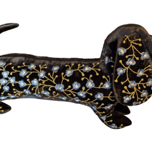 Black velvet dachshund plush with blue and yellow floral embroidery.