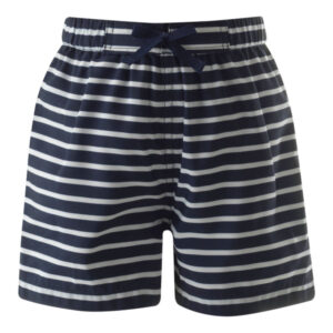 Navy blue and white striped swim shorts with an elastic waistband and drawstring.