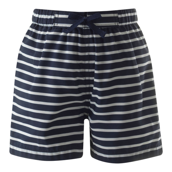 Navy blue and white striped swim shorts with an elastic waistband and drawstring.