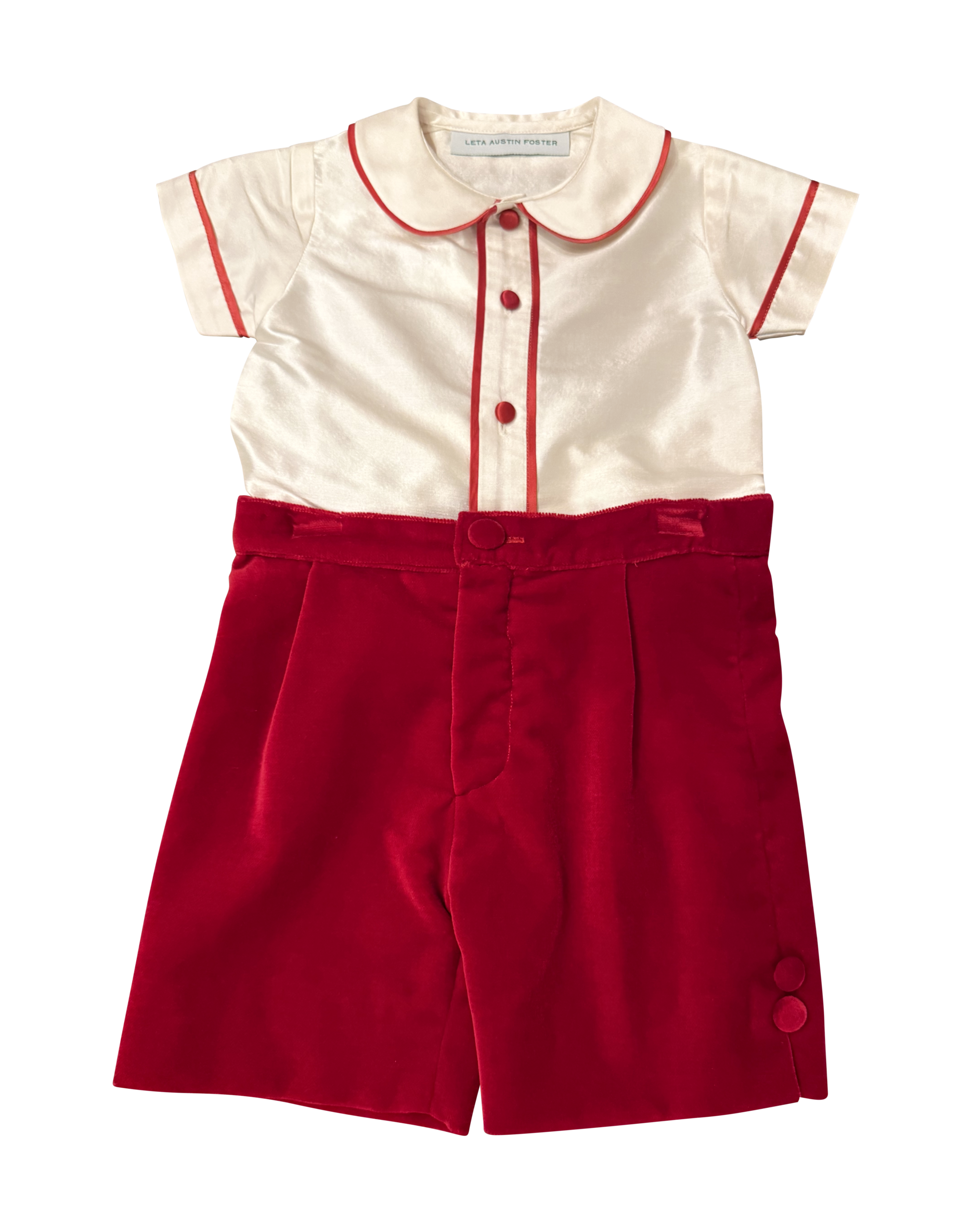 Baroni Boy Velvet Shorts and Silk Top Set Velvet red shorts paired with a cream silk top featuring red trim and buttons.