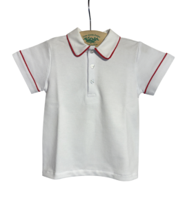 White polo shirt with red piping, featuring a collar and three buttons. Hangs on a display.