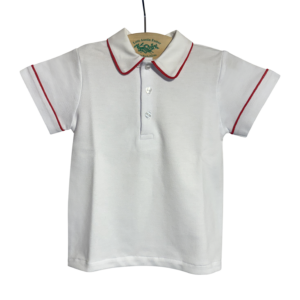 White polo shirt with red piping, featuring a collar and three buttons. Hangs on a display.