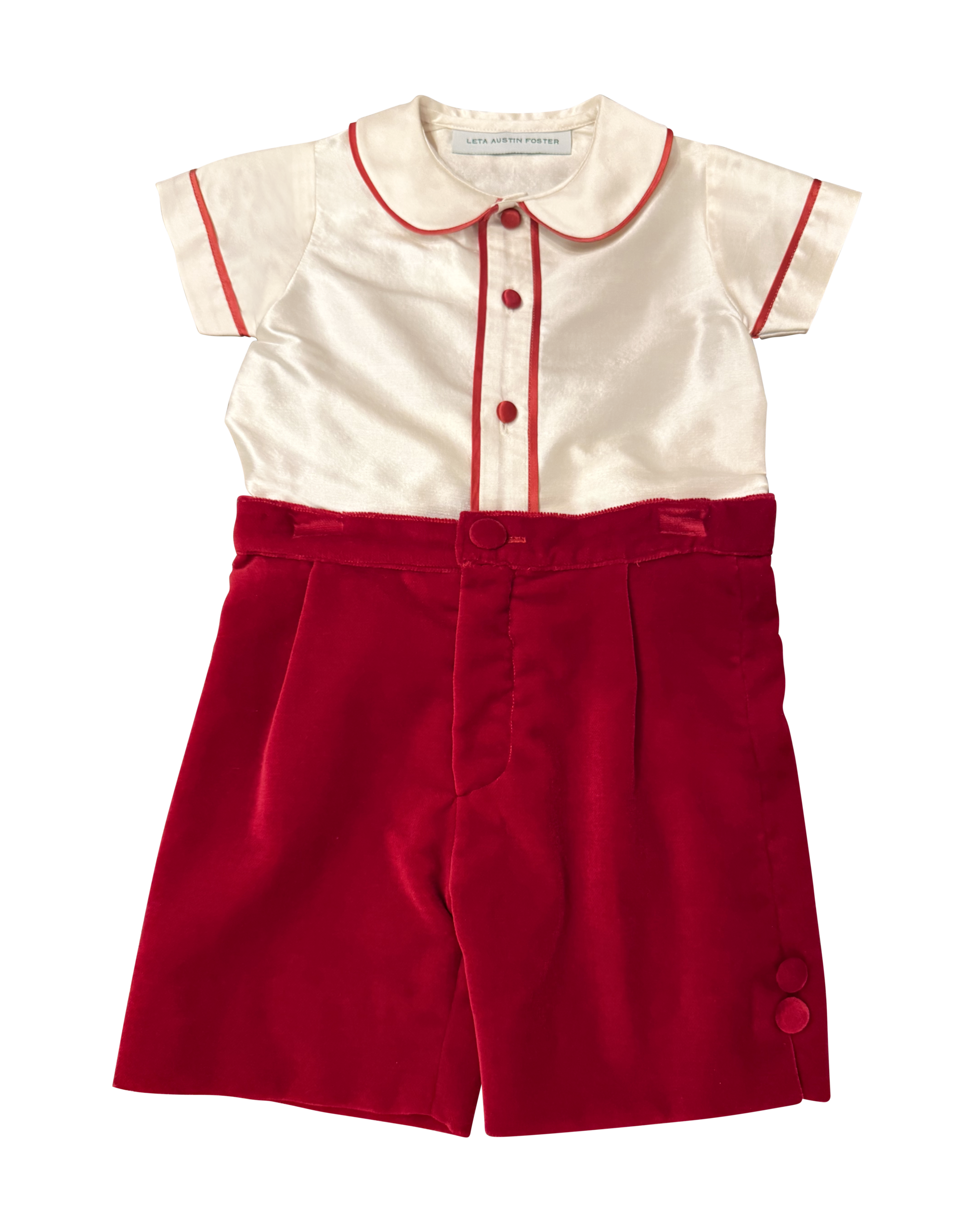 Baroni Boys set Silk and Velvet Short-sleeve cream shirt with red trim and red velvet shorts, featuring buttons on the side.