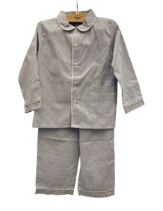 Light blue long pajamas with white stripes, featuring a collared shirt and matching pants.