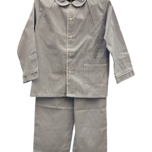 Light blue long pajamas with white stripes, featuring a collared shirt and matching pants.