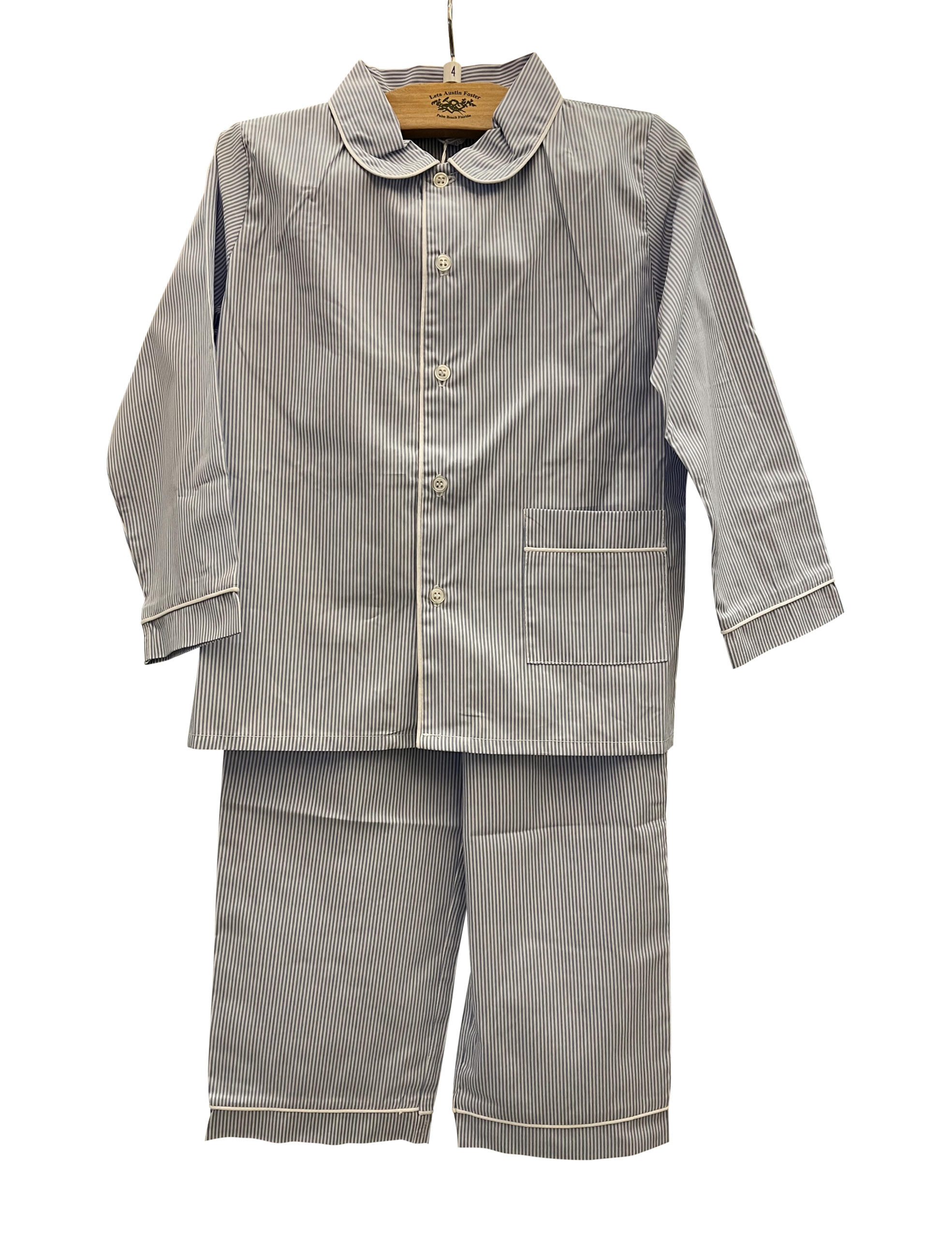 Baroni Light BLue Long PJs Light blue long pajamas with white stripes, featuring a collared shirt and matching pants.