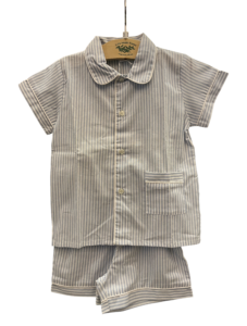Light blue striped short pajamas with a collared shirt and matching shorts, displayed on a hanger.