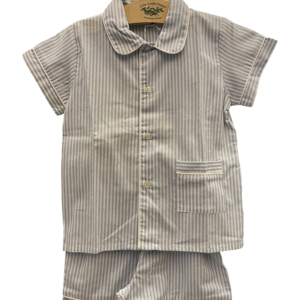 Light blue striped short pajamas with a collared shirt and matching shorts, displayed on a hanger.