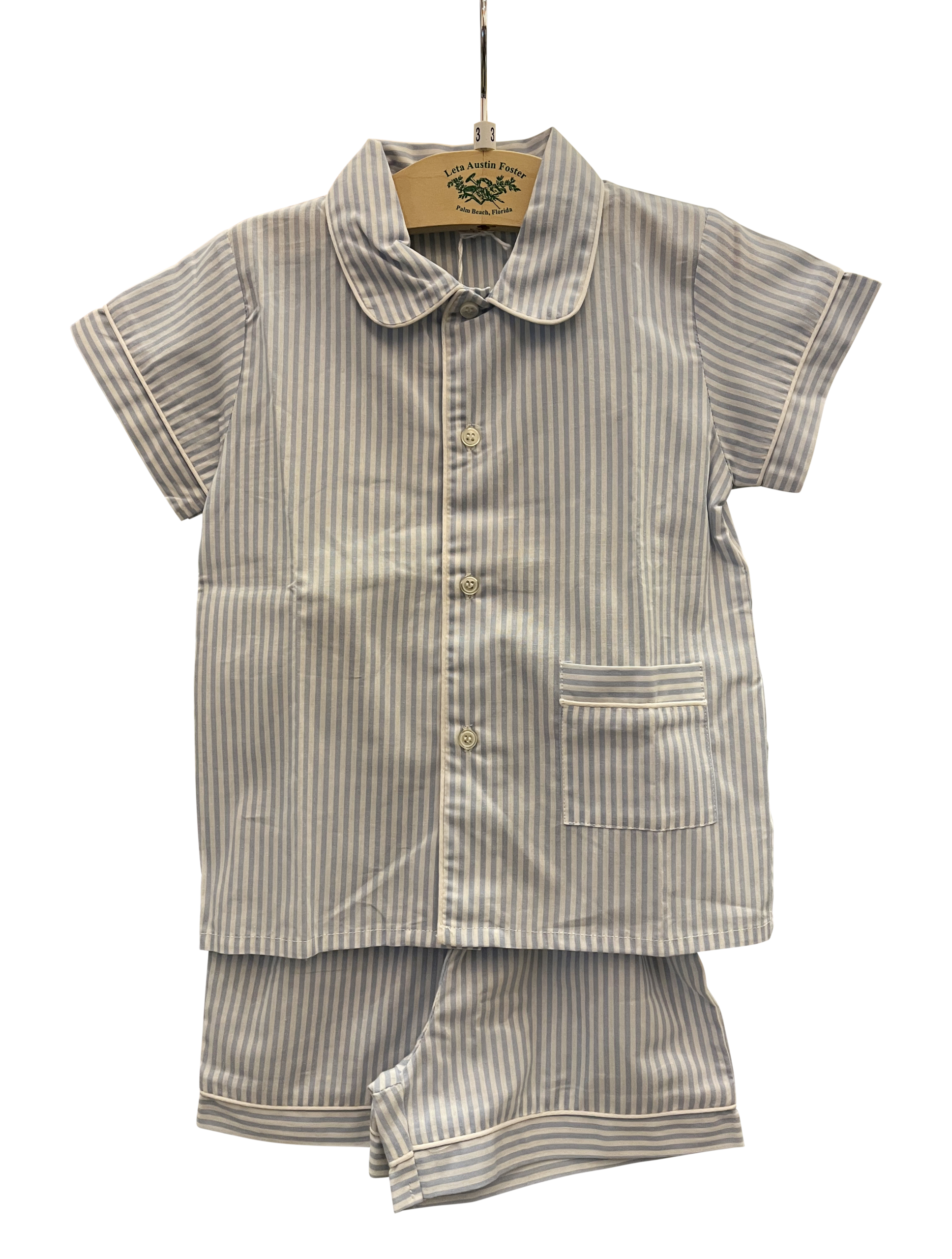 Baroni Light Blue Striped Short Pjamas Light blue striped short pajamas with a collared shirt and matching shorts, displayed on a hanger.