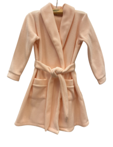 Light pink robe with long sleeves, a tie belt, and two front pockets.
