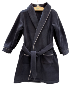 Navy robe with a shawl collar, tied belt, and white piping, featuring two front pockets.