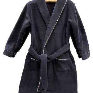 Navy robe with a shawl collar, tied belt, and white piping, featuring two front pockets.