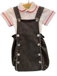 Gray romper set with a white polo shirt, featuring red trim and decorative buttons.