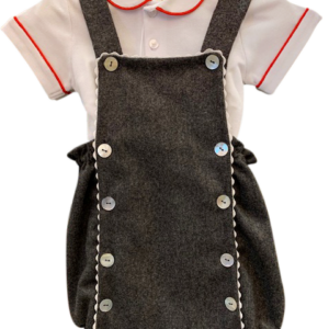 Gray romper set with a white polo shirt, featuring red trim and decorative buttons.