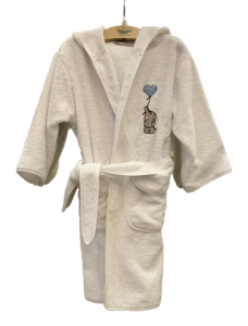 White children's robe with a hood, featuring an elephant holding a heart-shaped balloon.