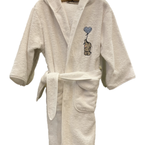 White children's robe with a hood, featuring an elephant holding a heart-shaped balloon.