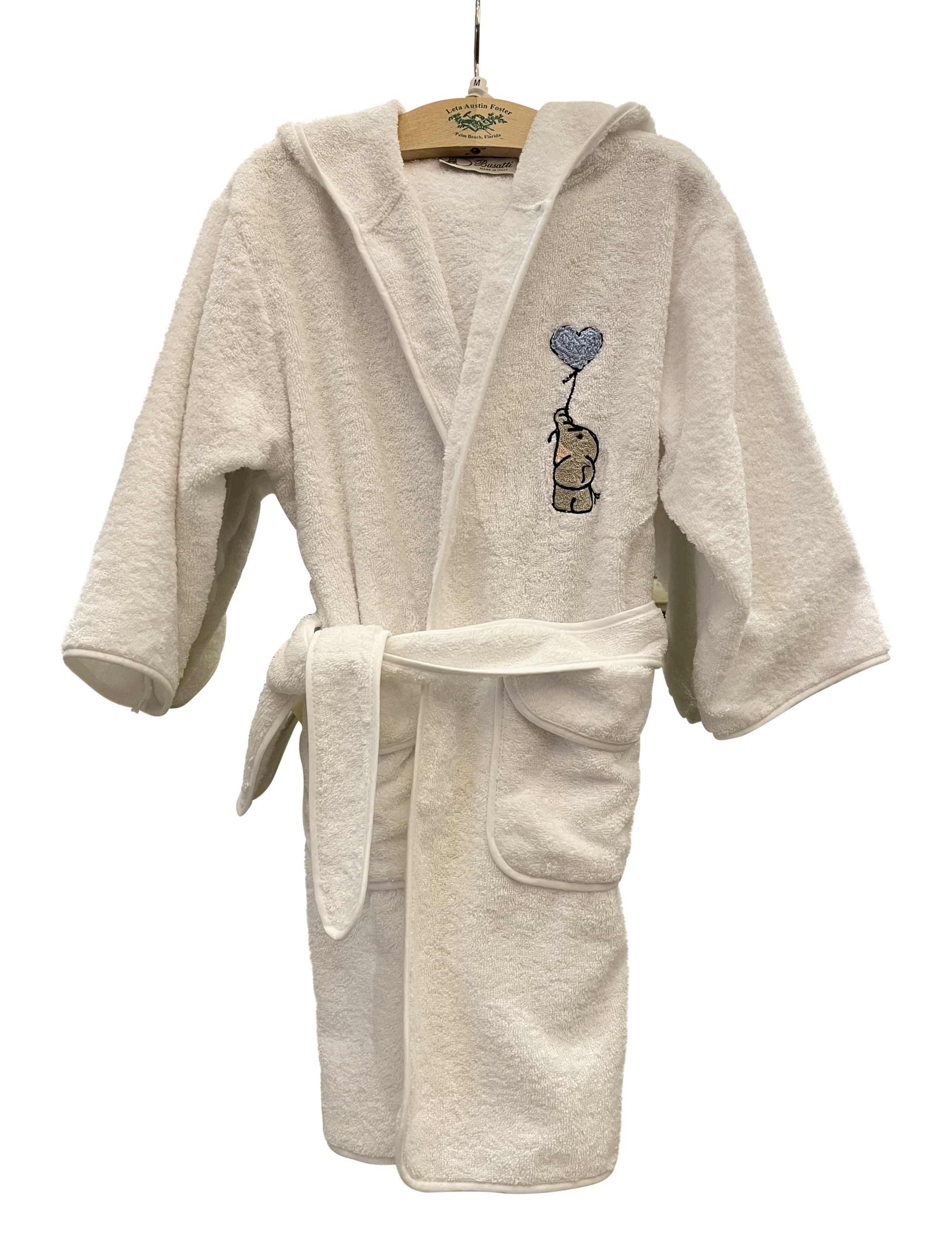 Busatti Childrens Robe with Elephant and Balloon White children's robe with a hood, featuring an elephant holding a heart-shaped balloon.