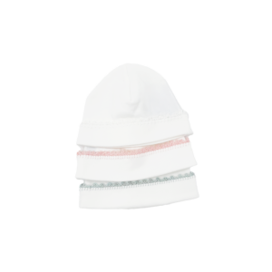 Three stacked white caps with pink and green decorative bands.