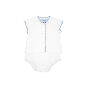 White baby outfit with short sleeves and matching bottoms, featuring blue trim and button details.