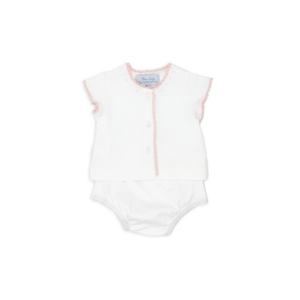 White baby outfit with short sleeves and pink trim, featuring buttons down the front.