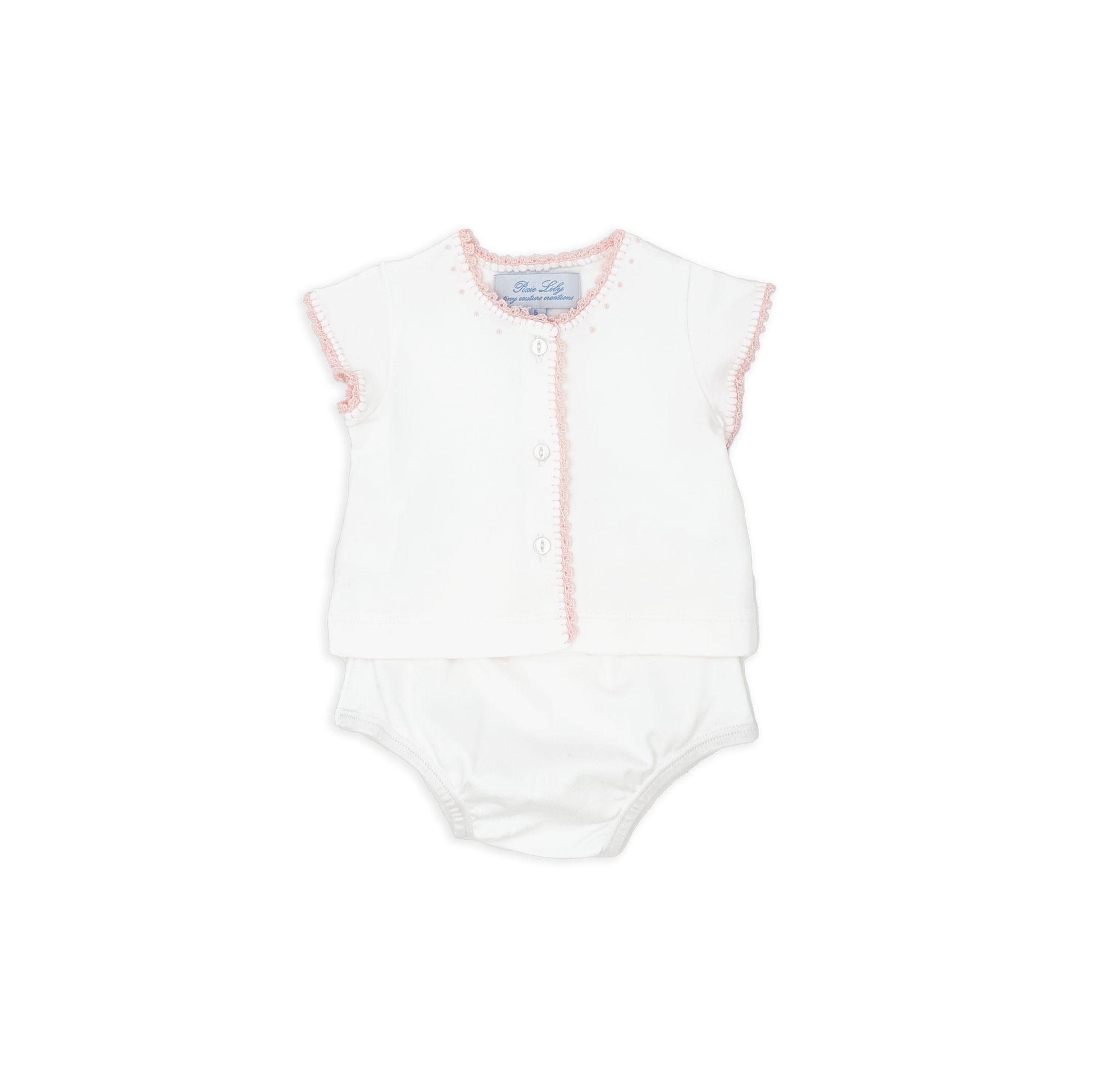 White baby outfit with short sleeves and pink trim, featuring buttons down the front.