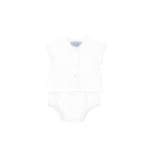 White infant outfit featuring a short-sleeve top and matching bottom.