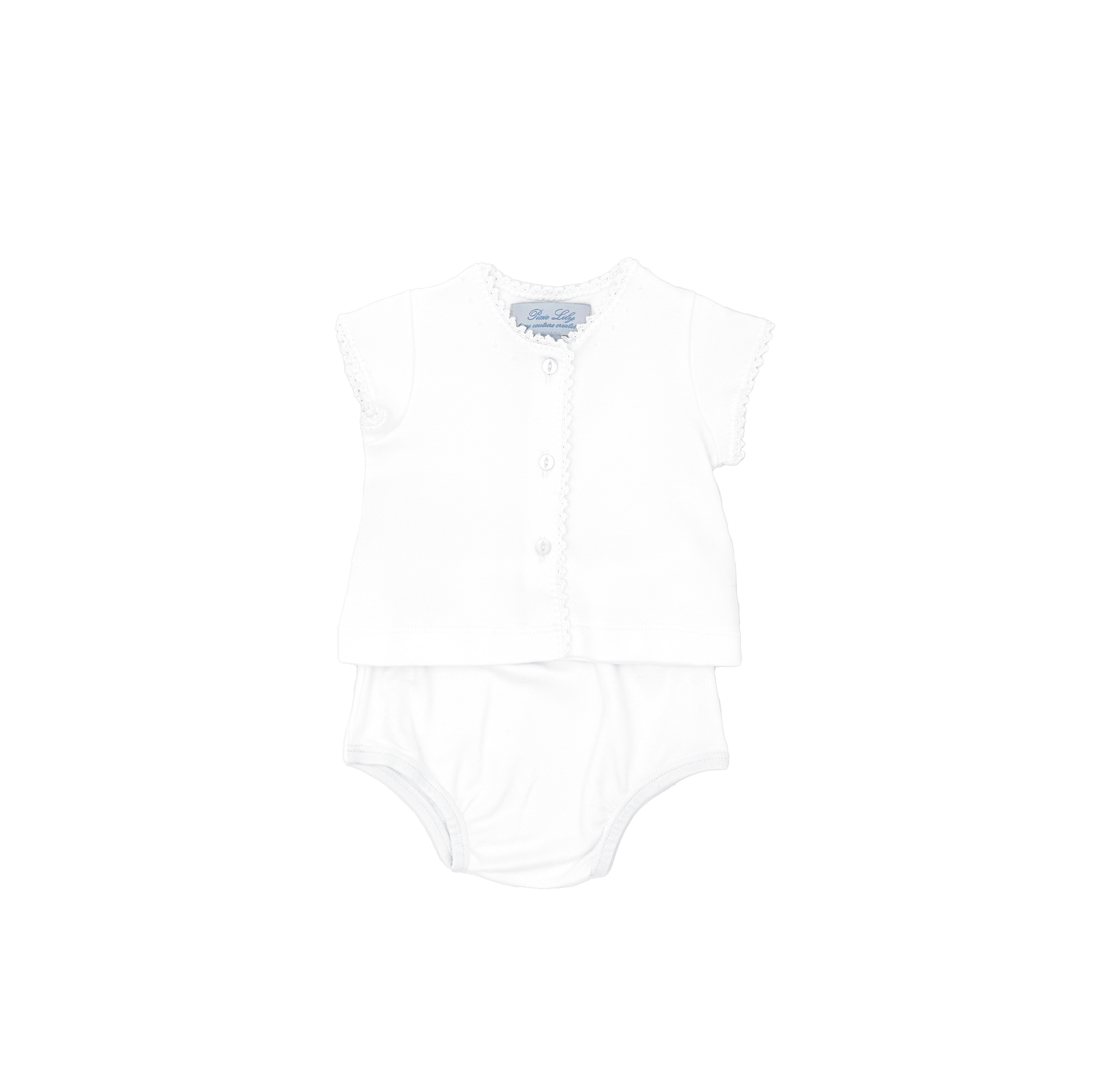 White infant outfit featuring a short-sleeve top and matching bottom.