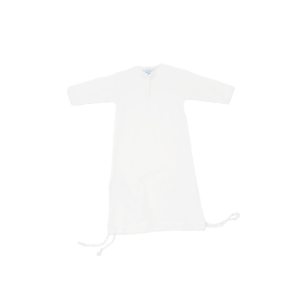 White garment with long sleeves and drawstring at the bottom.