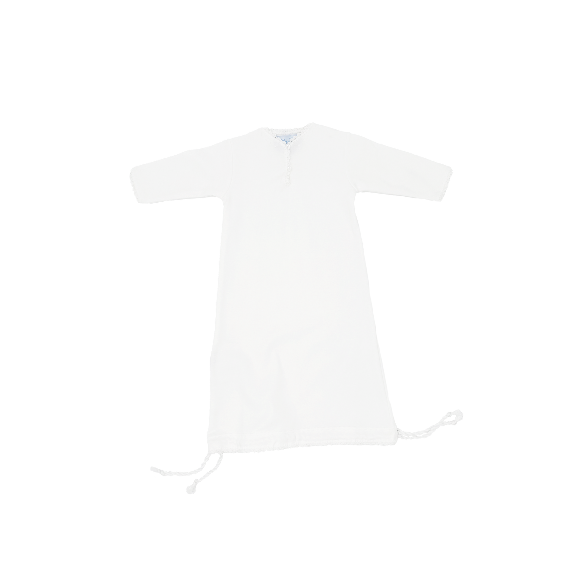 White garment with long sleeves and drawstring at the bottom.
