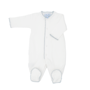White baby onesie with blue trim and buttons, featuring long sleeves and footed design.