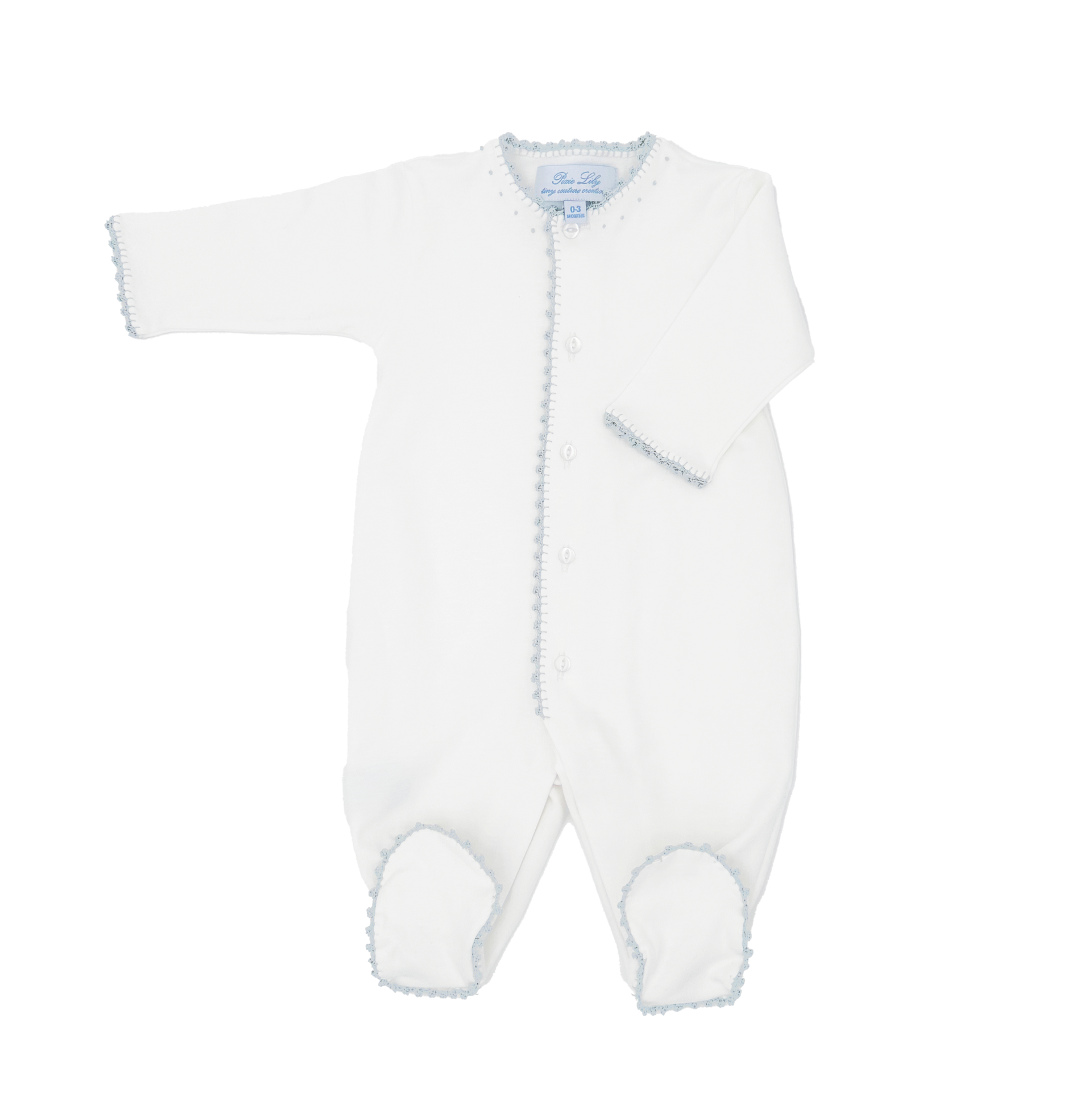 White baby onesie with blue trim and buttons, featuring long sleeves and footed design.