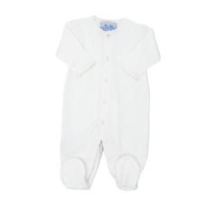 White baby footed onesie with long sleeves and decorative trim.