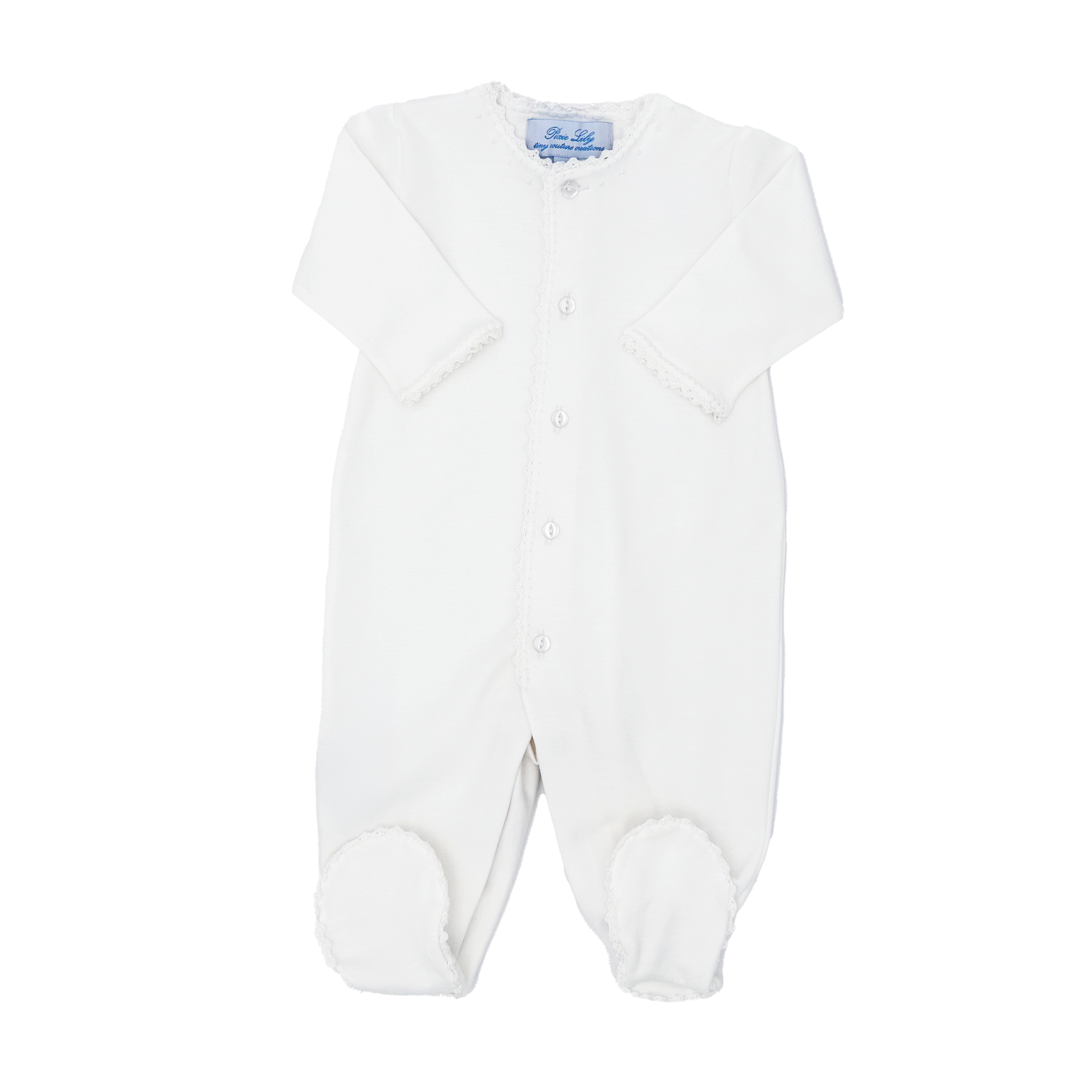 White baby footed onesie with long sleeves and decorative trim.