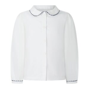 White long-sleeve shirt with a scalloped collar and button front.