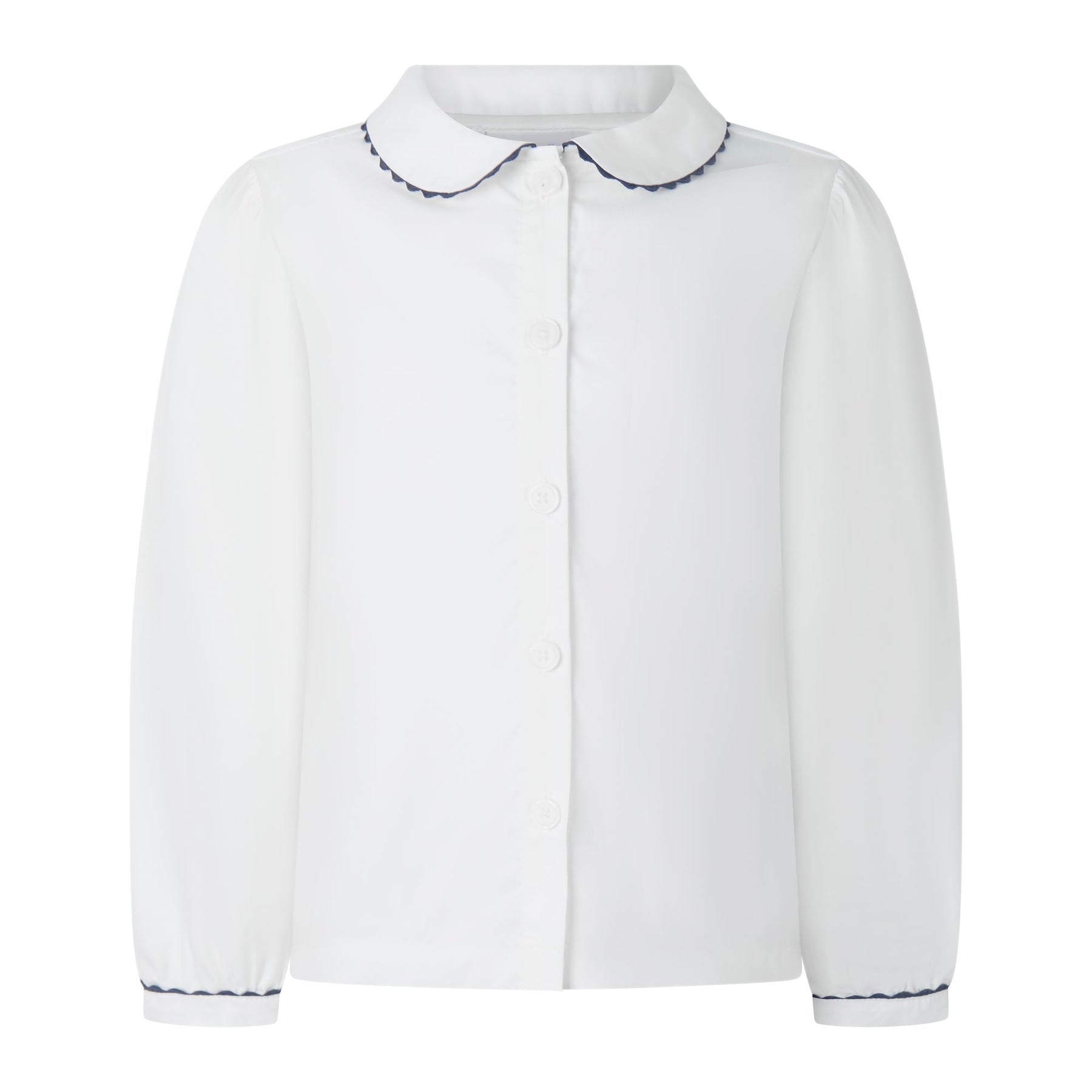 White long-sleeve shirt with a scalloped collar and button front.