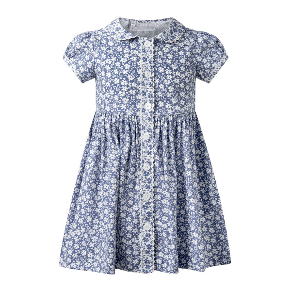 Blue floral dress with short sleeves and button-down front, featuring a gathered skirt.
