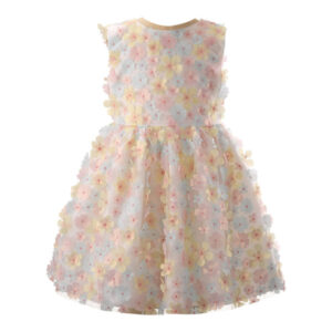 Pastel floral dress with a sleeveless design and layered skirt.