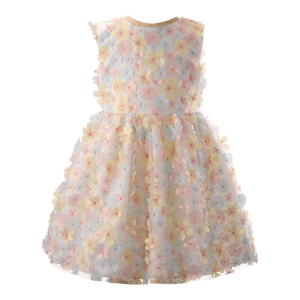 Pastel floral dress with a sleeveless design and layered skirt.