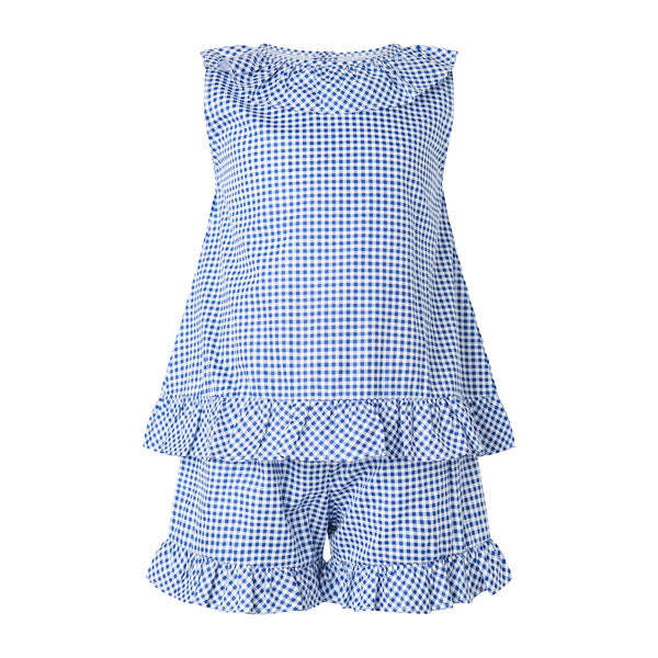Blue and white gingham sleeveless top with ruffled neckline and matching shorts, featuring ruffled hems.