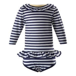 Navy and white striped long-sleeve swimsuit with ruffled skirt and matching bottom.