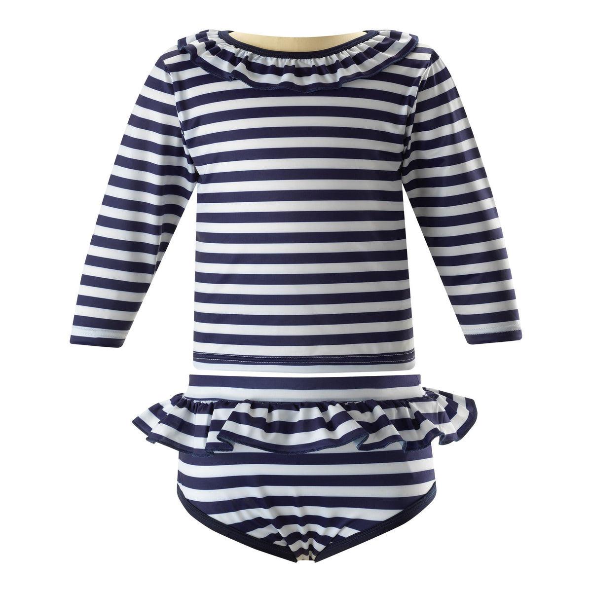 Navy and white striped long-sleeve swimsuit with ruffled skirt and matching bottom.