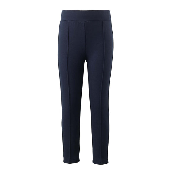 Navy blue leggings with a high waistband and vertical seam detailing.