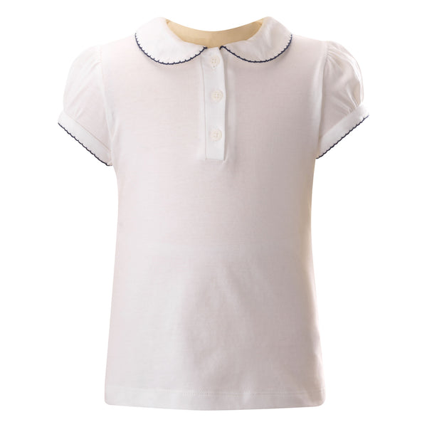 White short-sleeve shirt with a collar and button placket, featuring navy trim on sleeves.