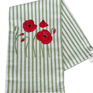 Striped green and white fabric with red poppy flower embroidery.