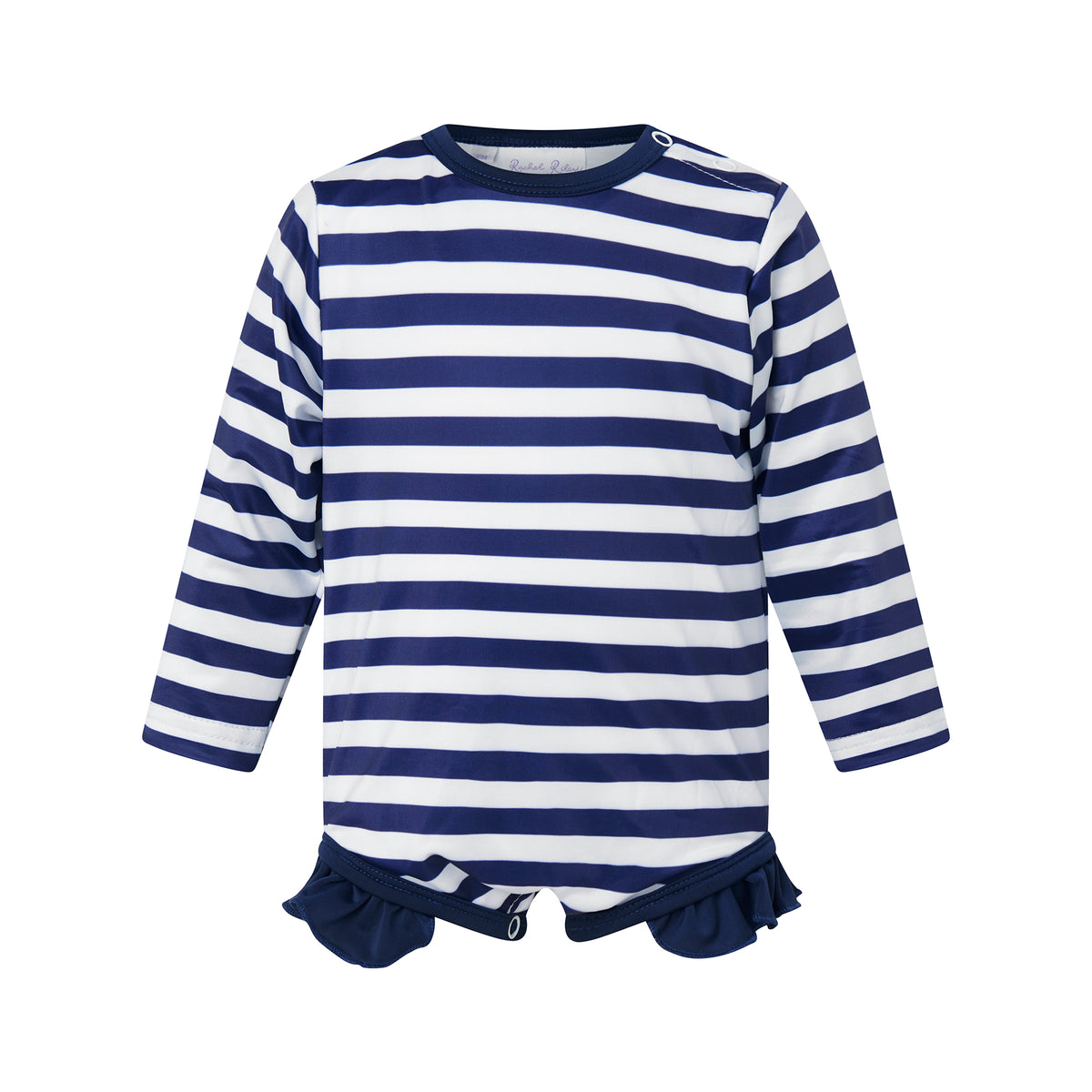 Navy and white striped long-sleeve swimsuit with ruffled hem and snap closures.